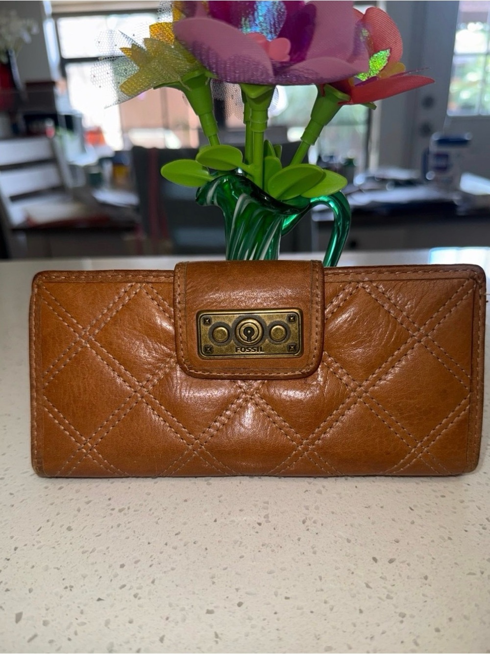 Fossil Quilted Brown Leather Turn-Lock Wallet Vtg